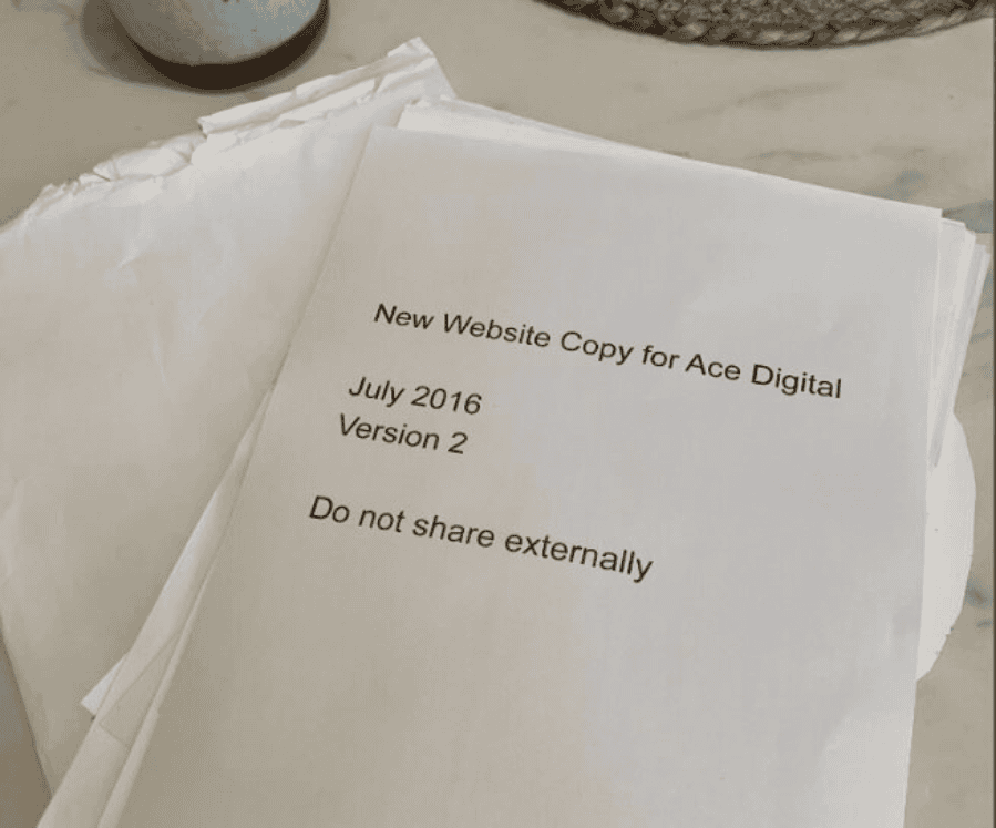printed paper that says new website copy for ace digital