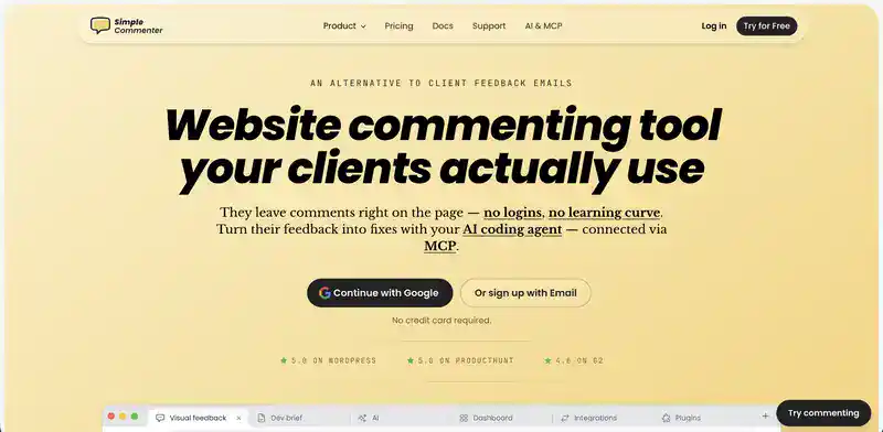 SimpleCommenter homepage, a free website feedback tool your clients actually use, with comments left right on the page