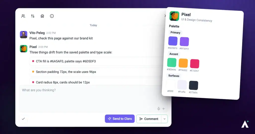 Pixel the visual agent flagging a design detail against the brand palette
