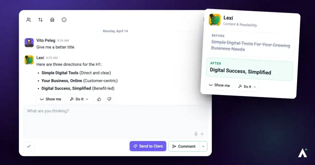Lexi the copy agent suggesting a clearer headline on a live page
