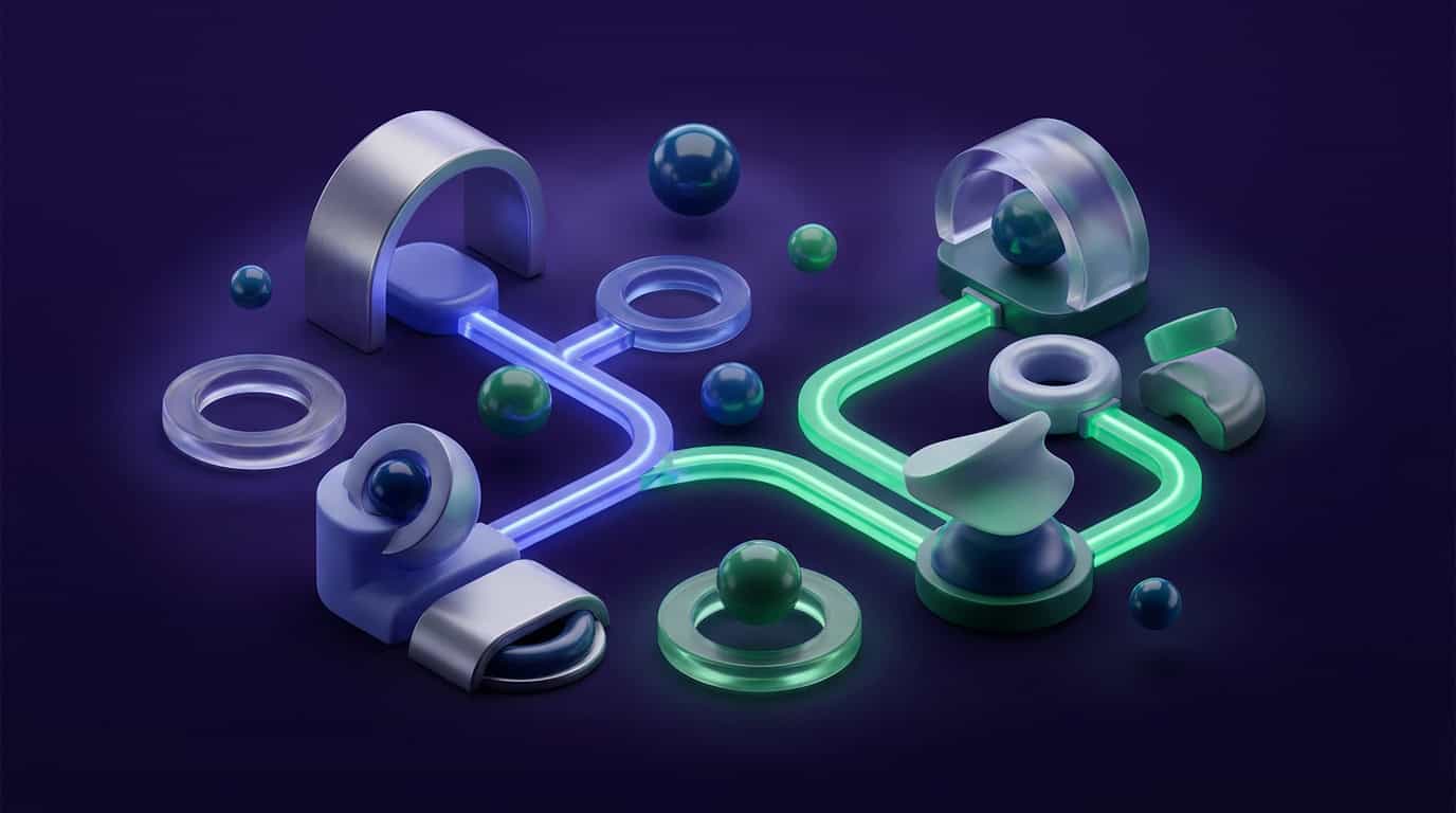3D abstract illustration of interconnected nodes representing team role clarity and operational alignment in an agency