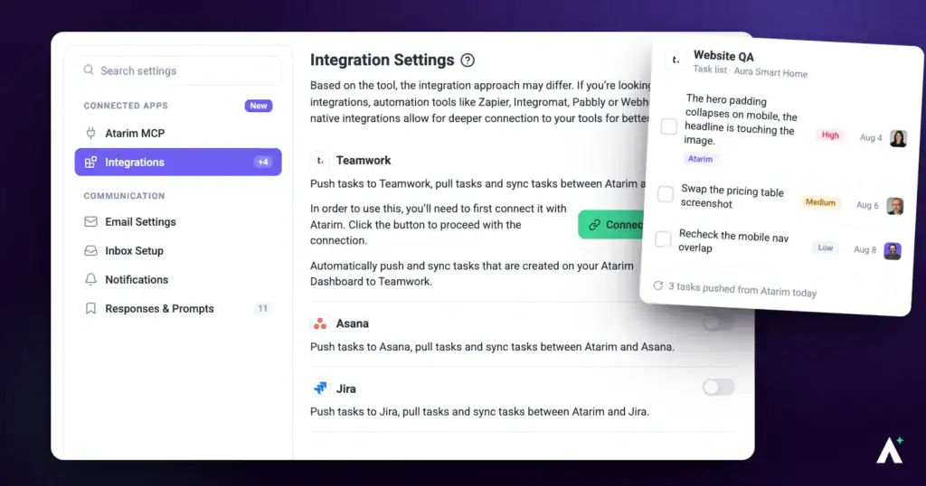 Atarim integration settings with Teamwork connected, beside a Teamwork task list
