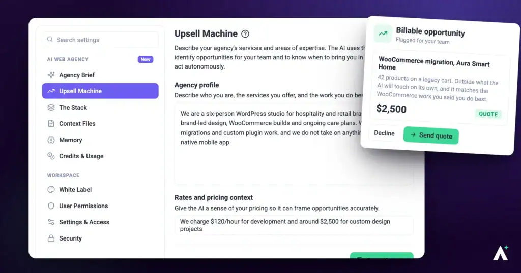 Atarim agency settings with billable rates for out-of-scope work