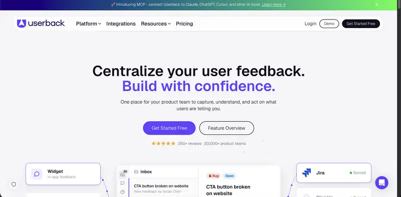 Userback homepage: centralize your user feedback, with an in-app feedback widget, inbox and Jira sync
