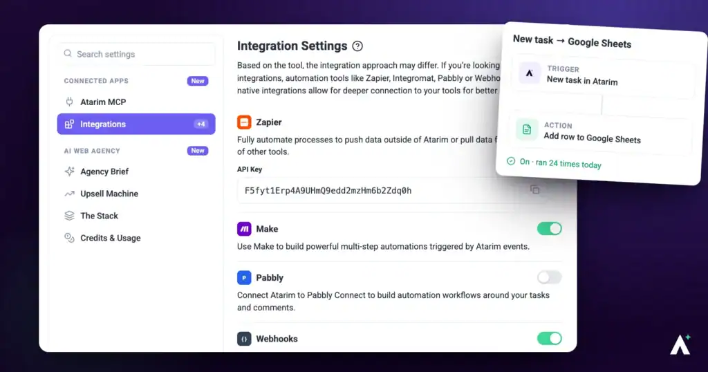 Atarim integration settings with Zapier connected for automations